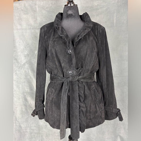 Pamela Mccoy Jackets & Blazers - Pamela McCoy Couture Suede Leather Jacket Coat Size L Ruffle Belted Boho Witchy